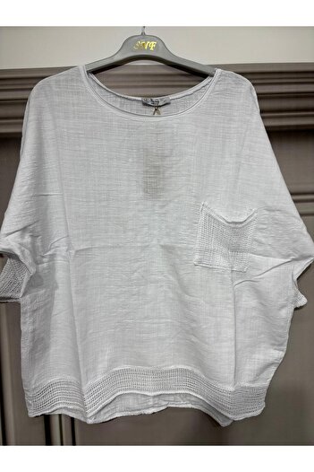 AGORATEKSTİL Γυναικεία Oversize Mesh 100% Λινό Μπλούζα