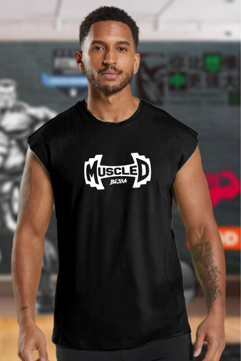 BESSA Black Printed Sports Tank Top Crew Neck Cotton Sleeveless Tank Top Muscled Men