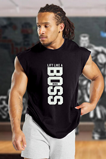 BESSA Black Printed Sports Tank Top Crew Neck Cotton Sleeveless Tank Top Lift Like Men