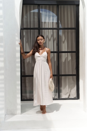 MAİ COLLECTİON Alessia Long Beige Dress with Shirring Detail Straps