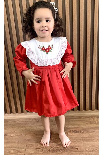 minikiti Red White Long Sleeve Scalloped Embroidered Vintage Girl's Dress Eid Birthday Special Occasion Dress