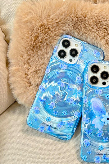 EWEC İphone 15 Pro Uyumlu Gradyan Mavi Gül Ve Kelebek Hologram Ins Style Imd Premium Telefon Kılıfı