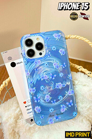 EWEC İphone 15 Uyumlu Gradyan Mavi Gül Ve Kelebek Hologram Ins Style Imd Premium Telefon Kılıfı