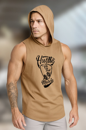 BESSA Men's Hustle Printed - Beige Oversize Cotton Hooded Sleeveless Sports Tank Top