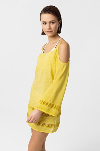 Deriderim Yellow Thin Strap Lace Detailed Three Quarter Sleeve Cotton Shirt