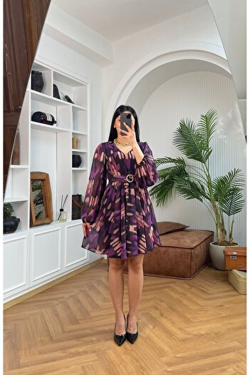 Nida Boutique Uzun Kol Astarlı V Yaka Kuşaklı Beli Lastikli Şifon Elbise
