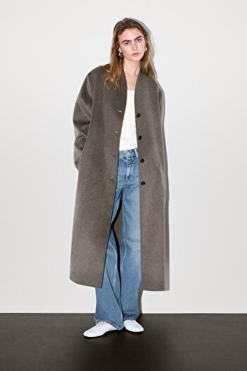 Massimo Dutti Yün karışımlı dik yaka kaban