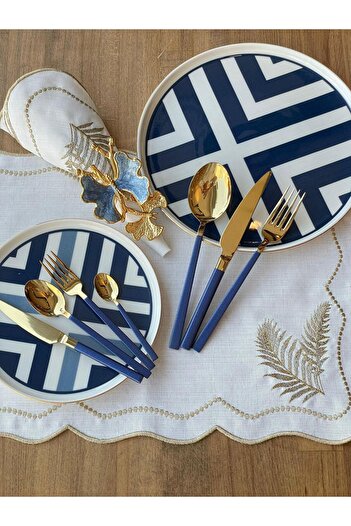ROSSEV 42 Piece Luxury Blue Gold Set for 6 People - Cutlery Set