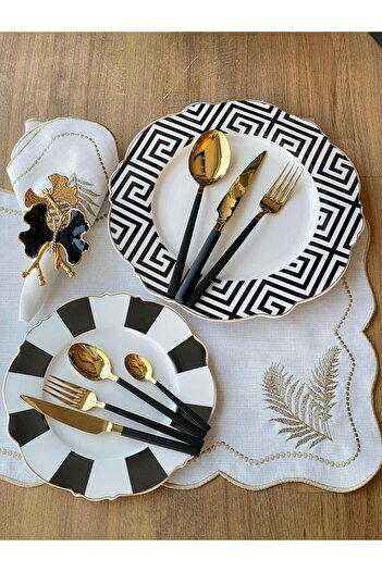 ROSSEV 42 Piece Luxury Black Gold 6 Person Spoon and Cutlery Set - Çkb
