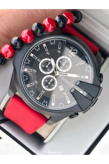 Ferrucci KIRMIZI Silikon Kordon, Büyük Kasa (56mm) Spor Model Takvimli Erkek Kol Saati + Bileklik