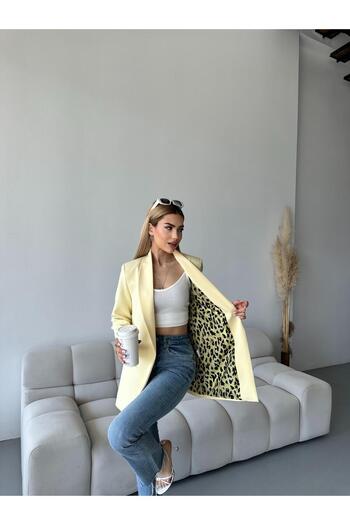aytenli Oversize Double Leopard Lined Buttonless Pocket Long Blazer Jacket
