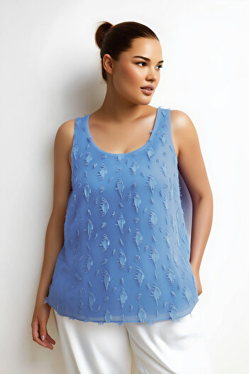 Hanezza Plus Size Blue Chiffon Blouse - U Collar, Zero Sleeve, 42-52 with Inner Lining