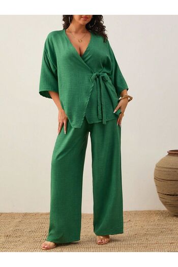 MEN Plus Size Cross Tie Cotton Linen Kimono Set