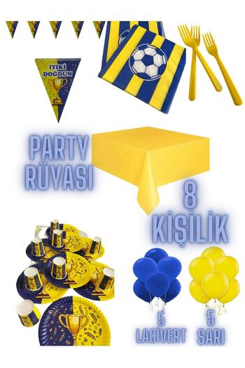 partyrüyası Yellow Navy Blue Mug Themed Birthday Set for 8 People