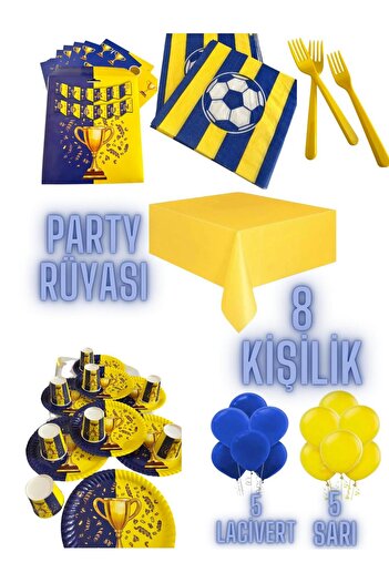 partyrüyası Yellow Navy Blue Trophy Themed Birthday Set for 8 People