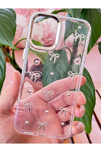 Fibaks Apple iPhone 16 Case Bow Pattern Transparent Glitter Silver Camera Protruding Glossy Cover