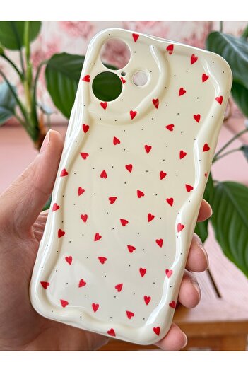 Fibaks Case for iPhone 16 Silicone Cover with Camera Protection Wave Edge Red Heart Pattern