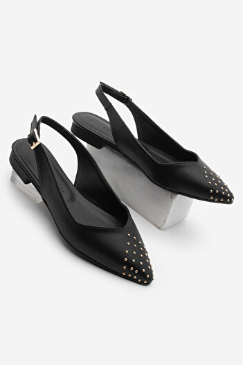 Marjin Women's Pointed Toe Gold Studded Open Back Scarf Black Daily Ballerinas