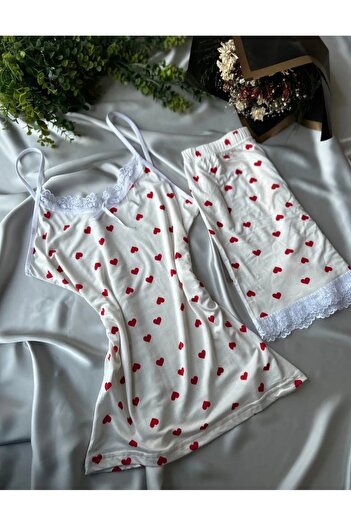 Polkan Pijama Heart Pajamas Shorts Suit Suspender Blouse Summer Clothing Home Wear Stretchy Lycra Cotton Women