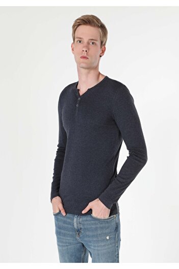 Colin's Slim Fit Placket Neck Düz Erkek Lacivert Uzun Kol Tişört