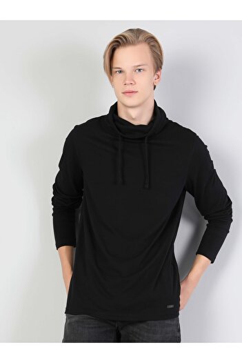 Colin's High Collar Black Men's Long Sleeve T-Shirt - Rope Detailed, Cl 1036982