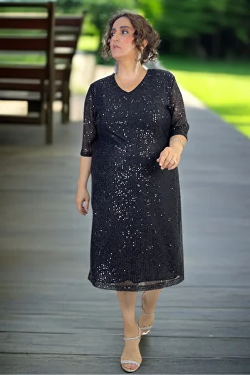 yagmurberen V Neck Pul Sequence Truvakar Sleeve Lined Plus Size Evening Dress