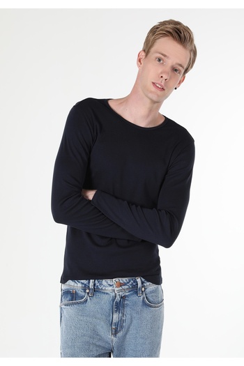 Colin's Slim Fit Round Neck Plain Men's Navy Blue Long Sleeve T-Shirt