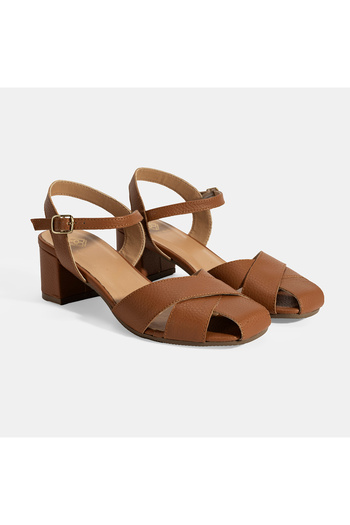 Desa Women's Tan Adjustable Buckle Leather Heeled Sandals