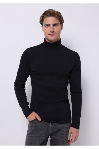 Colin's Slim Fit Half Turtleneck Plain Men's Navy Blue Long Sleeve T-Shirt