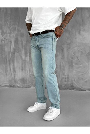 ablukaonline Erkek Baggy Fit Eskitilmiş Jean Pantolon Buz Mavi
