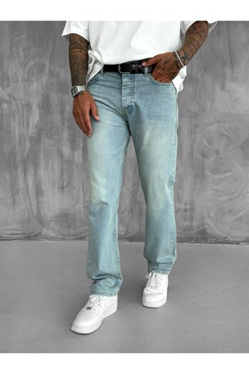 ablukaonline Erkek Baggy Fit Eskitilmiş Jean Pantolon Buz Mavi