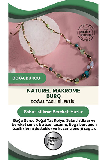 OSMANLI DOĞAL TAŞ Boğa Burcu Doğal Taş Natürel Makrome Kolye