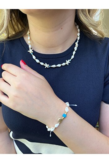 MODA Women's Seashell Star Figured Necklace and Bracelet Set – Beach Jewelry