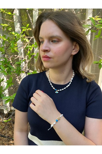 MODA Women's White Blue Beaded Necklace and Bracelet Set - Summer Jewelry