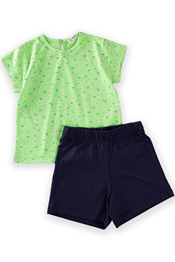 Cigit Patterned Short Sleeve Girls Pajama Set 2-8 Years Green