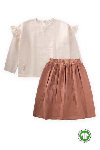 Cigit 2-8 Years Natural Color Organic Oversize Bohemian Blouse and Long Skirt Set
