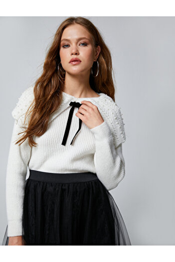 Koton Knitwear Sweater - Pearl Knit with Shawl Collar and Ribbon Detail