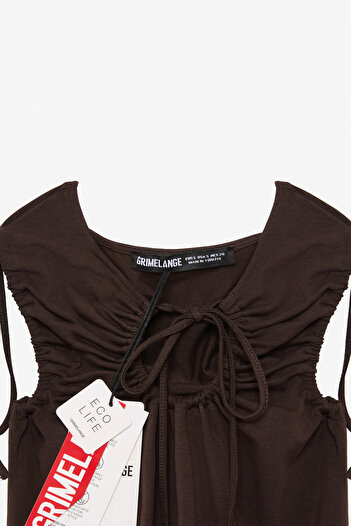GRIMELANGE Seralya Women's Sleeveless Window Collar Kolevi Gather Slim Brown Blouse