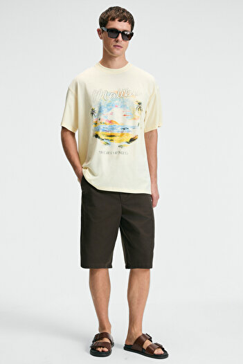 GRIMELANGE DELIGHT Erkek %100 Pamuk Oversize Fit Baskılı Kısa Kollu Yuvarlak Yakalı Sarı T-Shirt