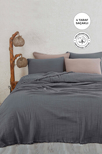 Evlen Home Collection 100% Cotton Muslin Bedspread King Size Double 4 Layer Muslin Pique Set 3 Pieces Anthracite