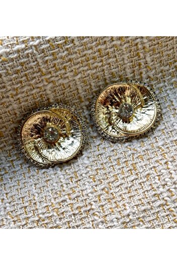 ODDA TASARIM ATÖLYESİ Extra Large (3.5cm) Luxury Gold 2-Button with Rose Pattern and Crystal Stones in the Middle and Edges