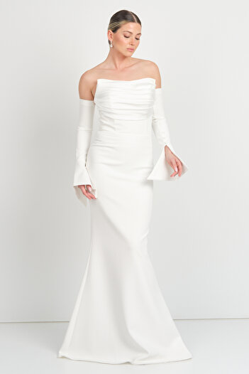 renk abiye Color Women's Strapless Fish Form Evening Dress with Mobile Sleeve Detail 5230 Cream