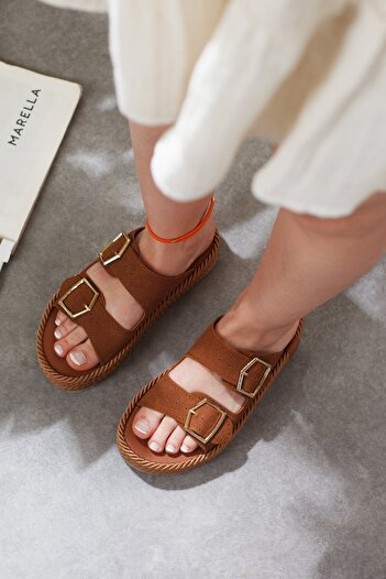 Adım Adım Women's Double Buckle Straw Sole Daily Slippers
