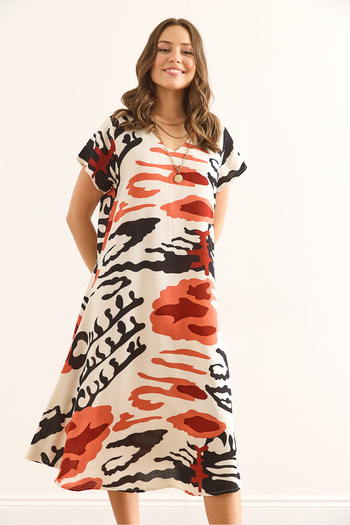 Olalook Women's Patterned Ecru V-Neck Patterned Woven Viscose Midi Bell Dress Elb-19002443