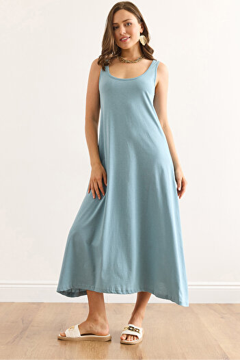 Olalook Women's Mint Green Strap Midi Cotton Bell Dress Elb-19002444