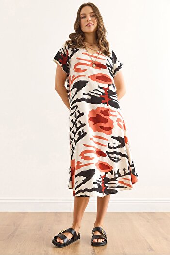 Olalook Women's Patterned Ecru V-Neck Patterned Woven Viscose Midi Bell Dress Elb-19002443