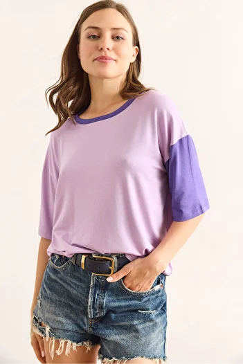 Olalook Women's Lilac Purple Color Block Flowing Viscose T-Shirt Tsh-19000928