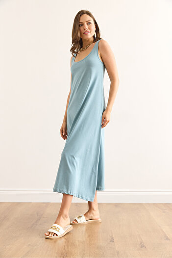 Olalook Women's Mint Green Strap Midi Cotton Bell Dress Elb-19002444