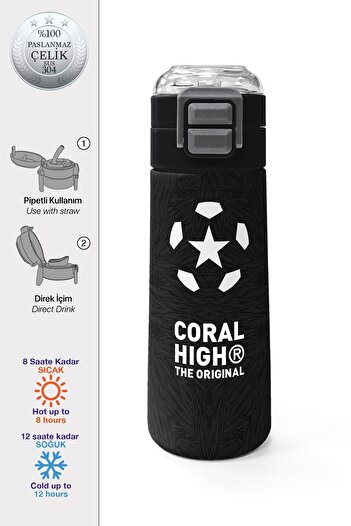 Coral High Kids Men's Patterned Straw and Direct Drinking Steel Thermos 500 ml