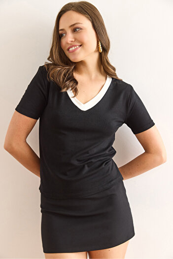 Olalook Women's Black V-Neck Soft Textured Blouse Blz-19003021